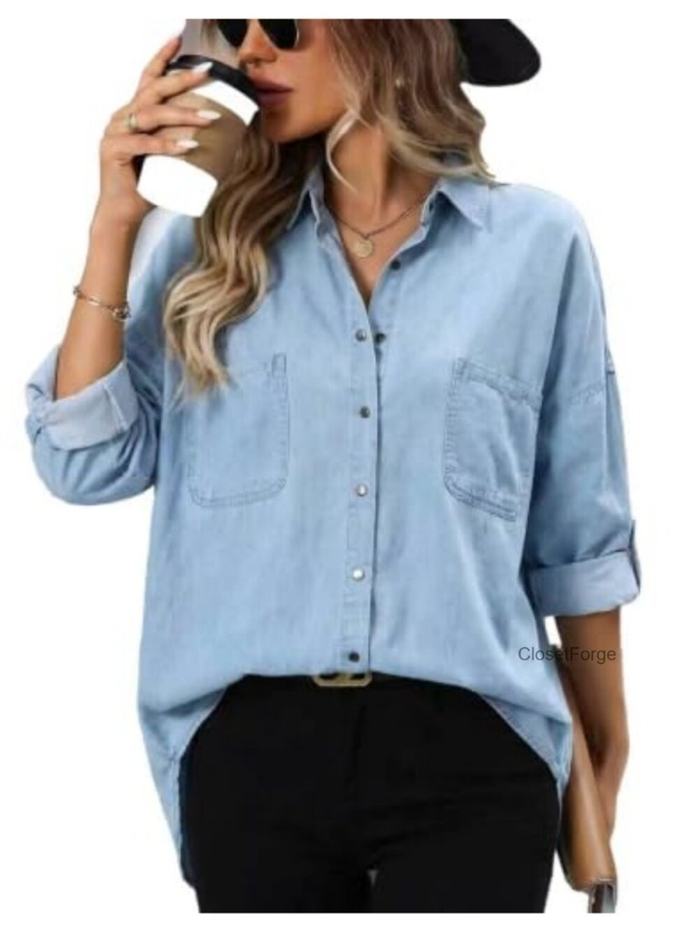 Women's Denim Button Down Shirt Plus Size Oversized Long Sleeve Snap